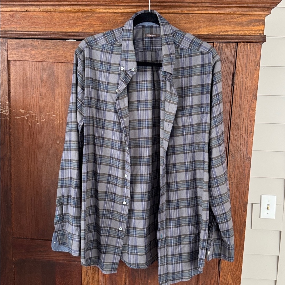 J. McLaughlin Blue Plaid LS Button-Up Large